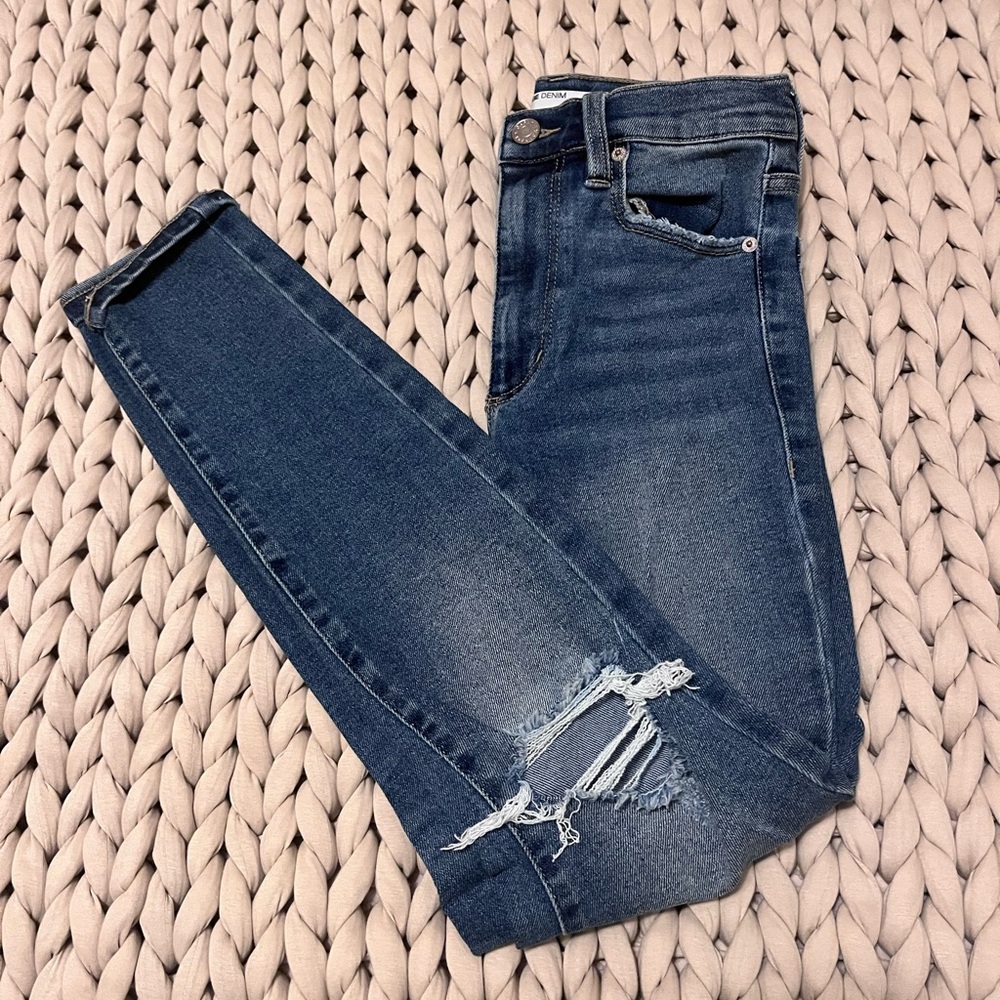 Garage Denim High Waisted Dark Blue Distressed Skinny Jeans NWOT
